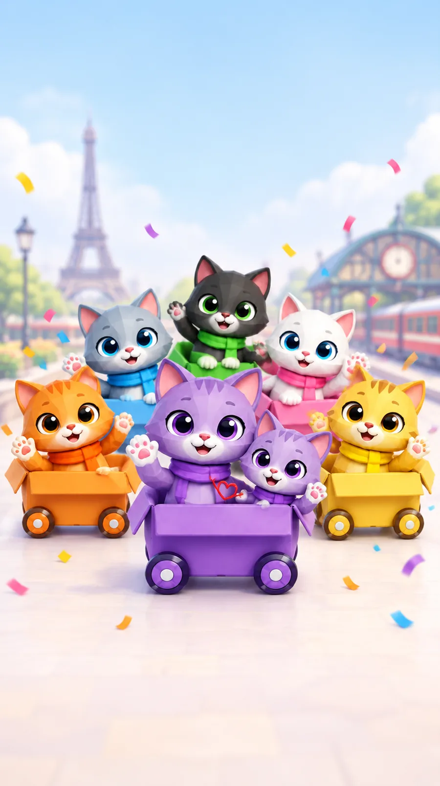 Cute animals waving from their colorful rides